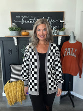 Load image into Gallery viewer, Checkered Open-Front Cardigan – Black & White Checkerboard Sweater
