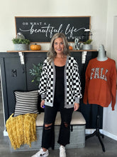 Load image into Gallery viewer, Checkered Open-Front Cardigan – Black & White Checkerboard Sweater
