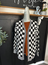 Load image into Gallery viewer, Checkered Open-Front Cardigan – Black & White Checkerboard Sweater