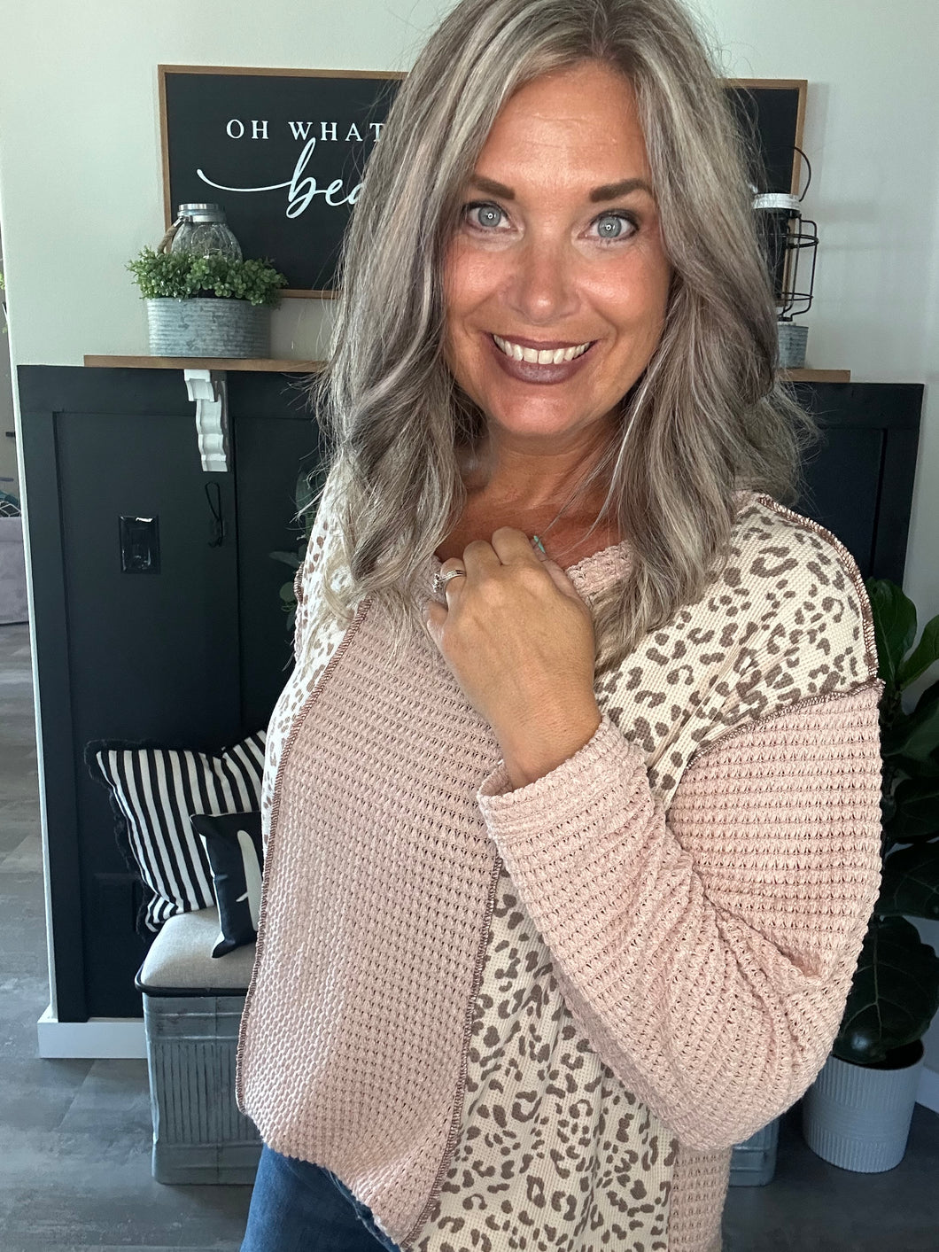Popcorn Waffle Color Block Top-Dusty Rose