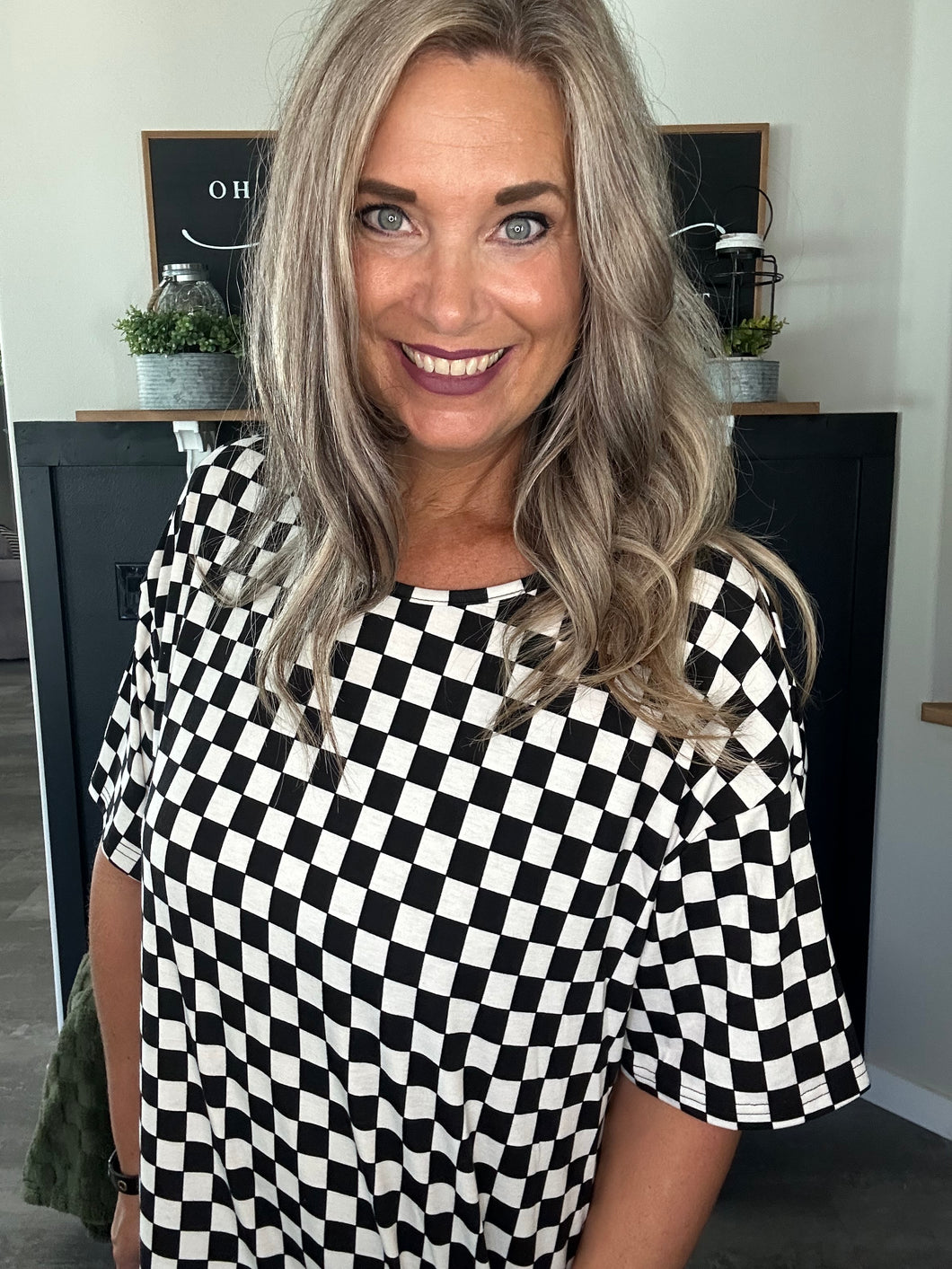 Checkered Print Side Slits Top-Plus Size