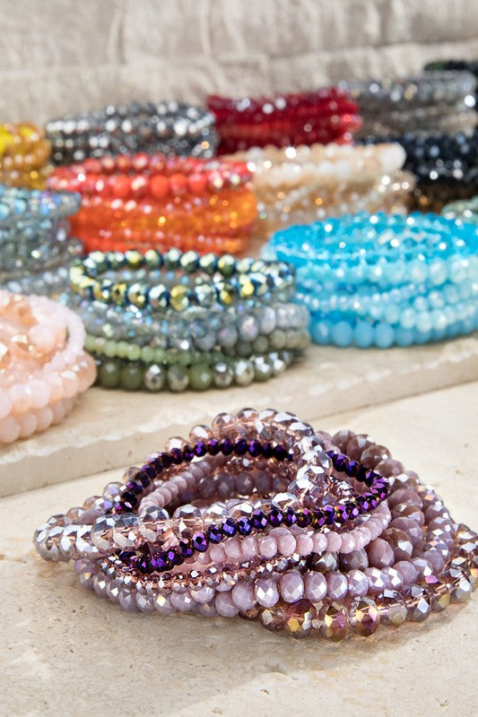 Beaded Bracelet Set / Set of Four / Metal Glass Beads / Iridescent