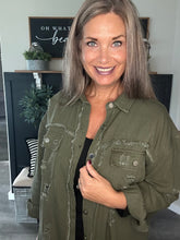 Load image into Gallery viewer, Olive Green Distressed Shacket – Women’s Button-Up Frayed Hem Shirt Jacket
