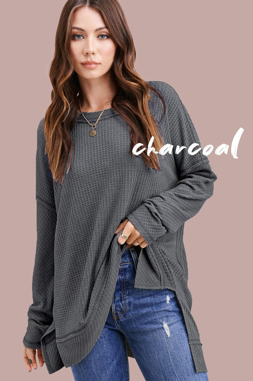 Oversized Waffle Top-Charcoal