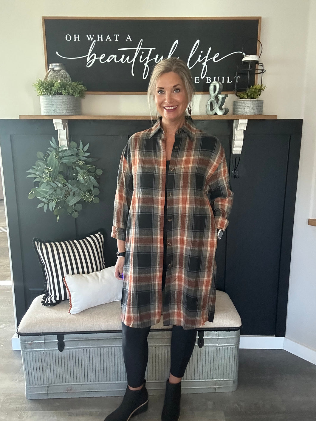 Long Plaid Flannel Shirt Jacket – Women’s Oversized Button-Down Shacket