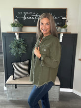 Load image into Gallery viewer, Olive Green Distressed Shacket – Women’s Button-Up Frayed Hem Shirt Jacket
