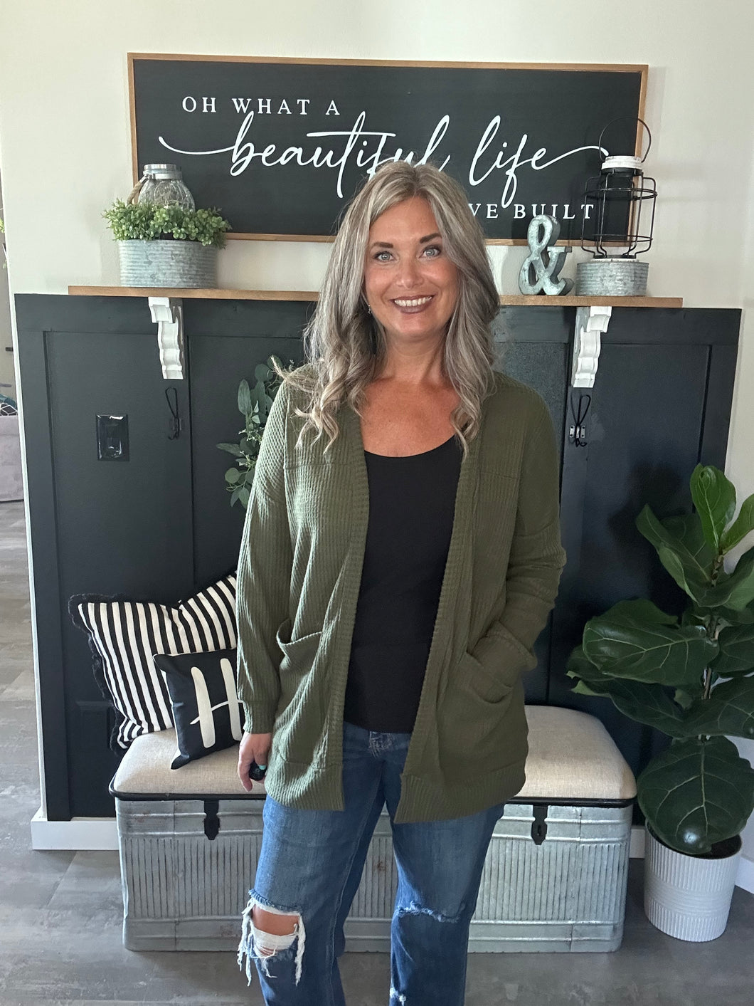 Waffle Cardigan- Olive