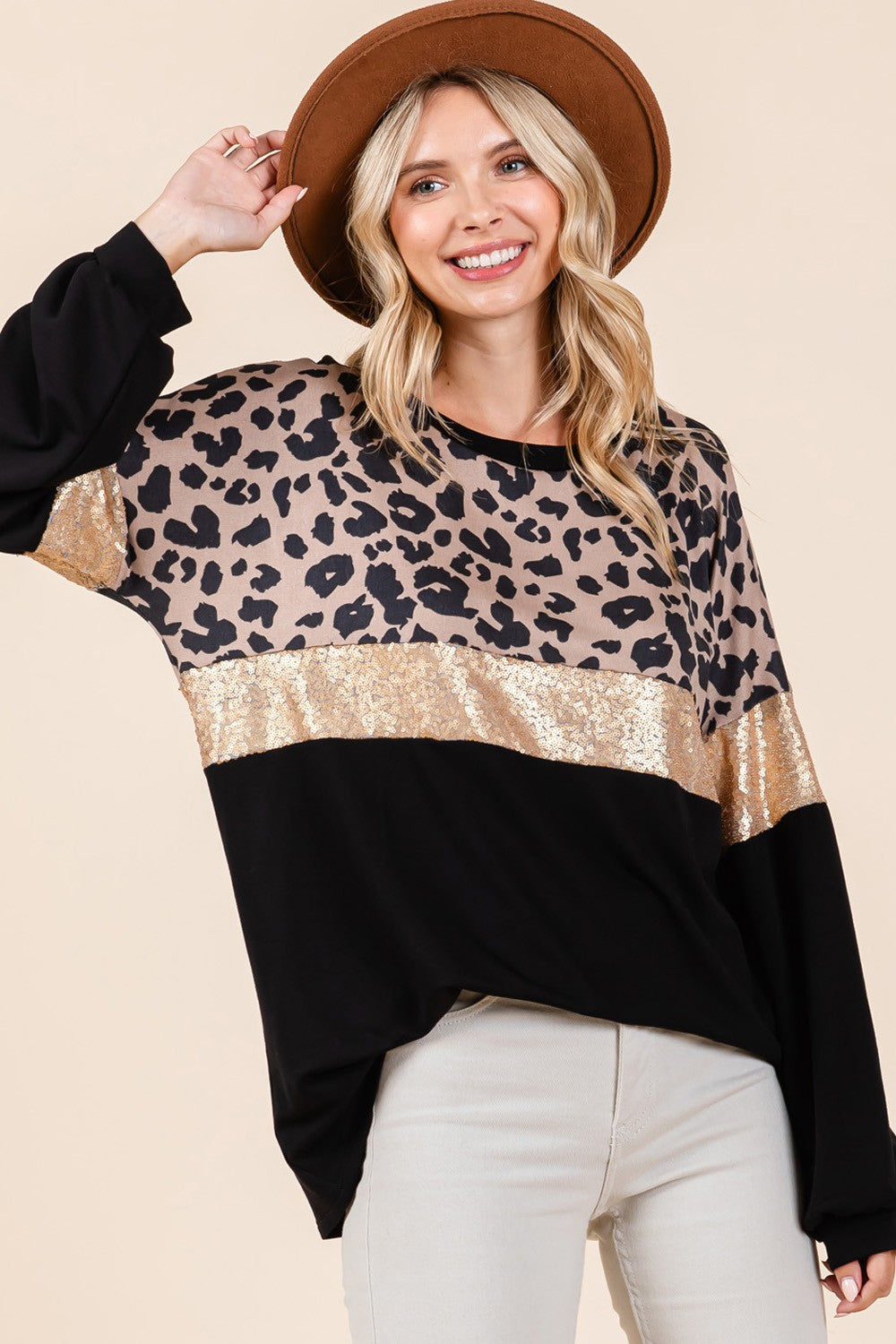 Sequin Leopard Color Block Top