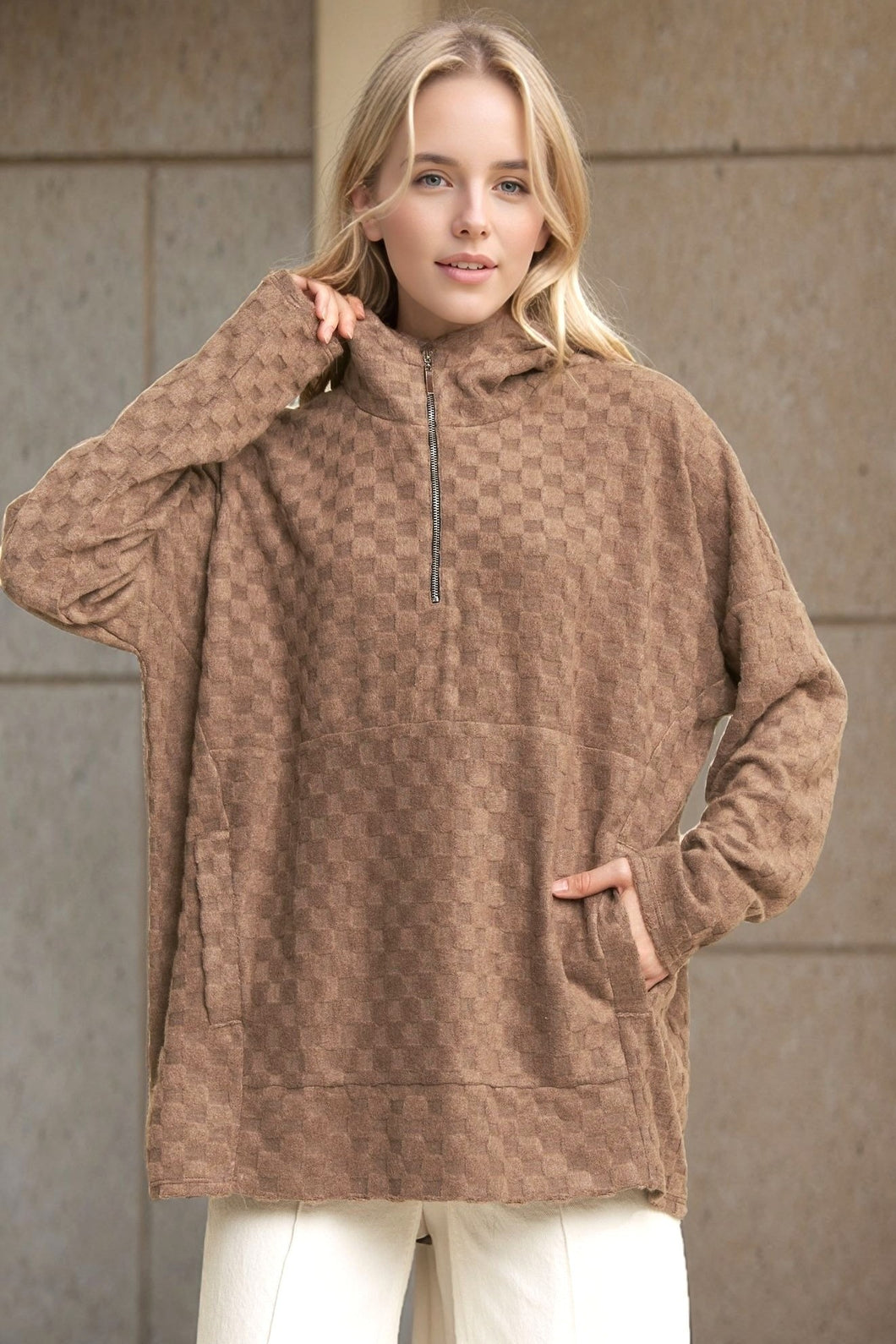 Long Sleeve Half-Zip Checkered Hoodie Top – Women’s Casual Pullover