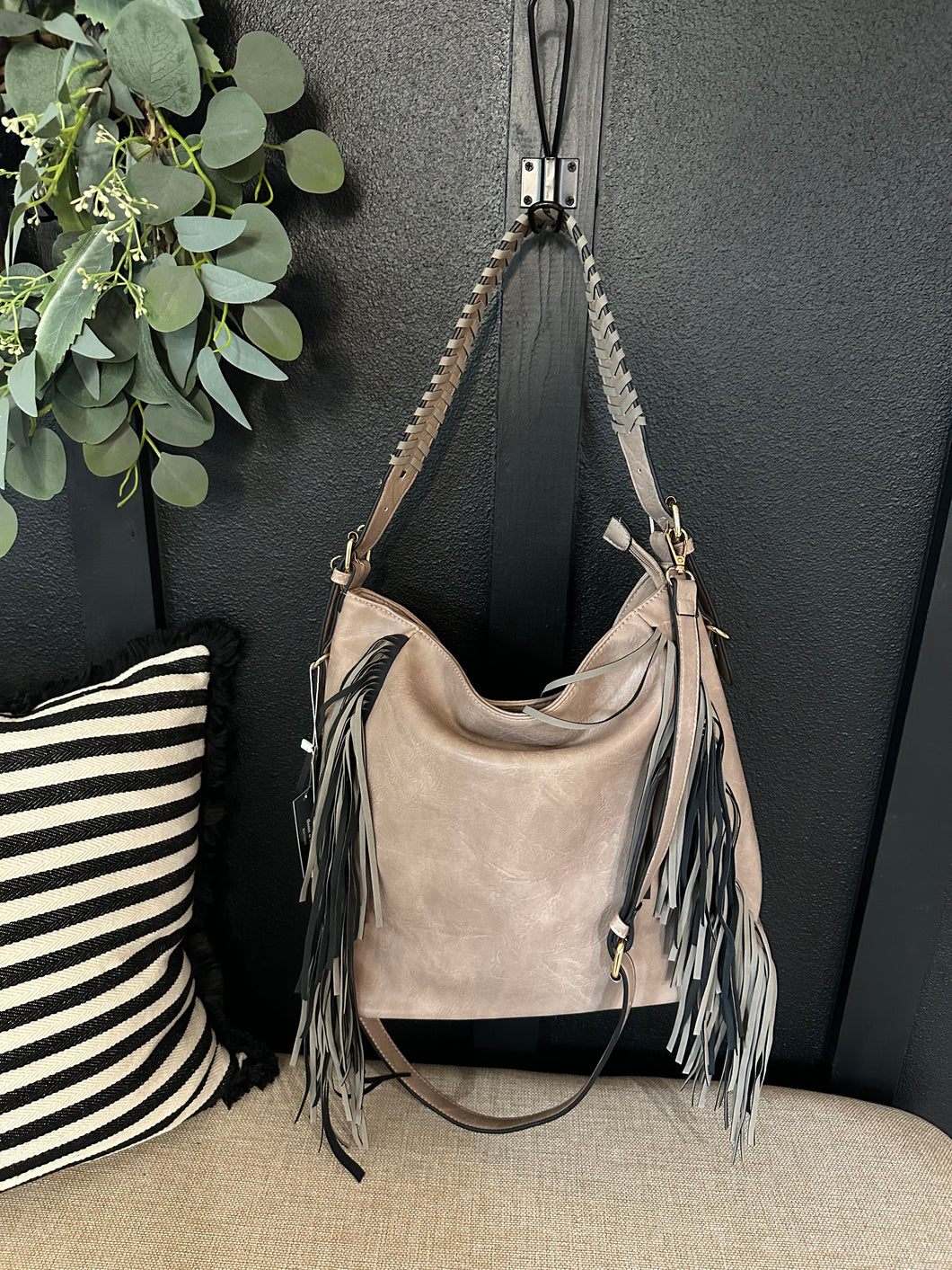 Fringe Hobo Purse-Gray