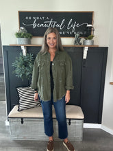Load image into Gallery viewer, Olive Green Distressed Shacket – Women’s Button-Up Frayed Hem Shirt Jacket
