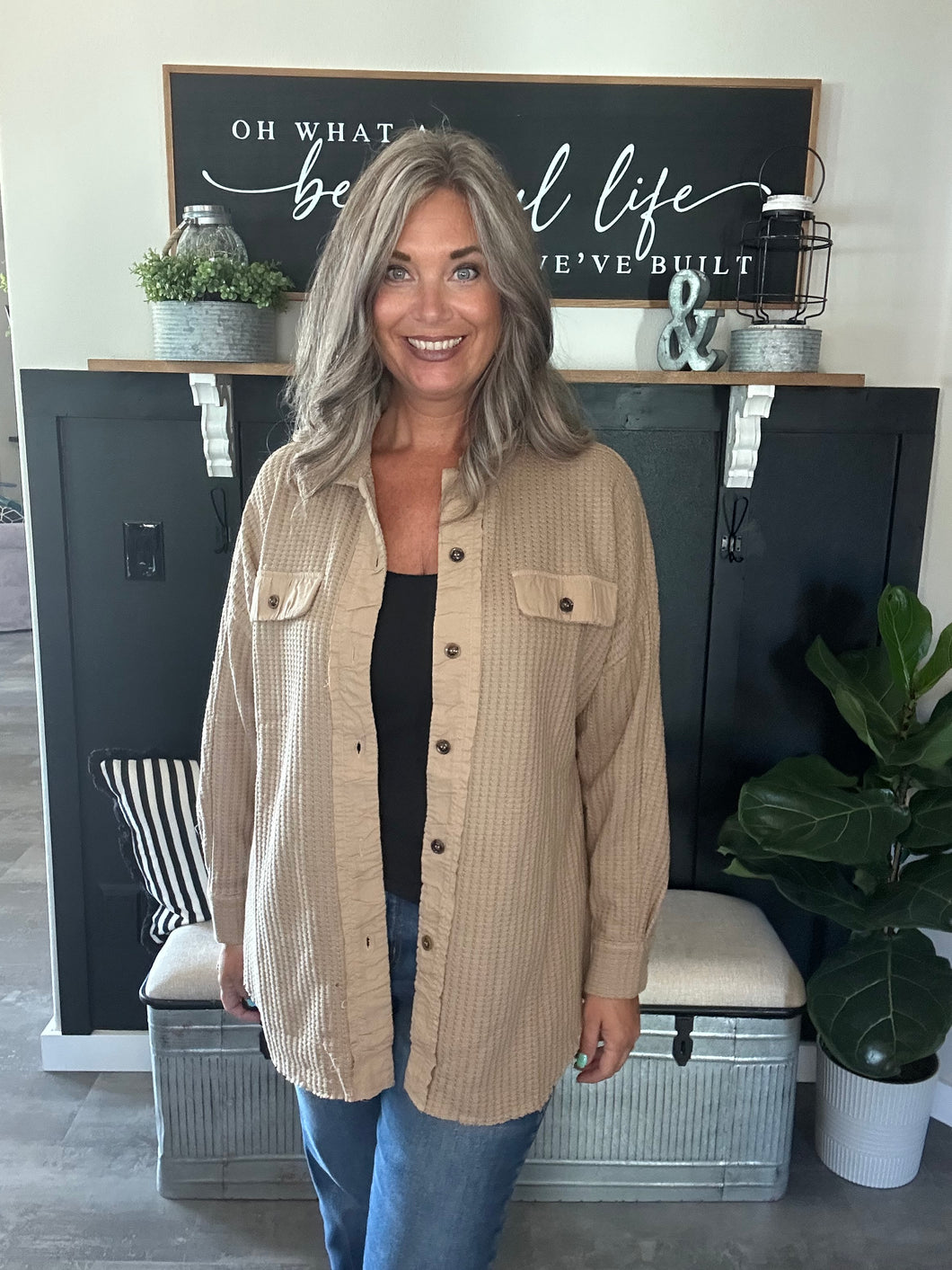 Waffle Oversized Shacket-Taupe