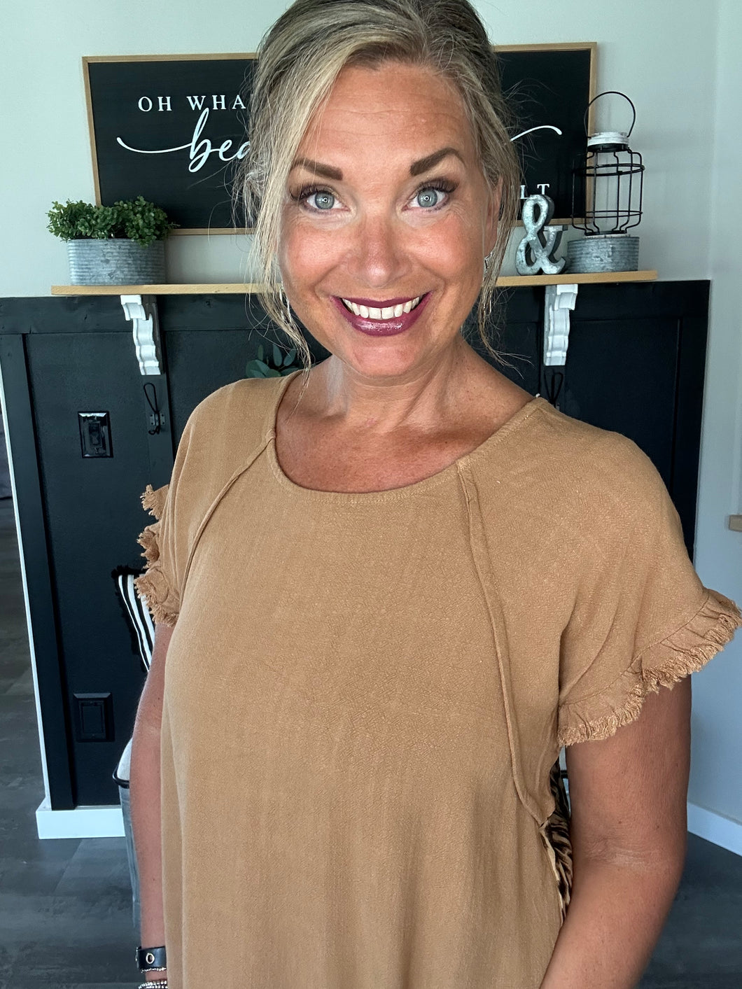 Animal Ruffle Sleeve Top-Toffee