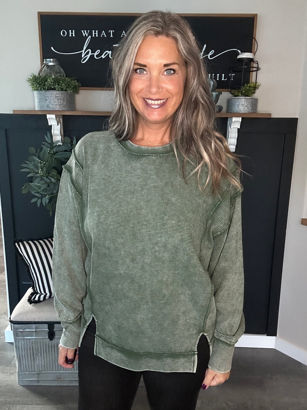 Acid Washed Ribbed Crew-Dark Green