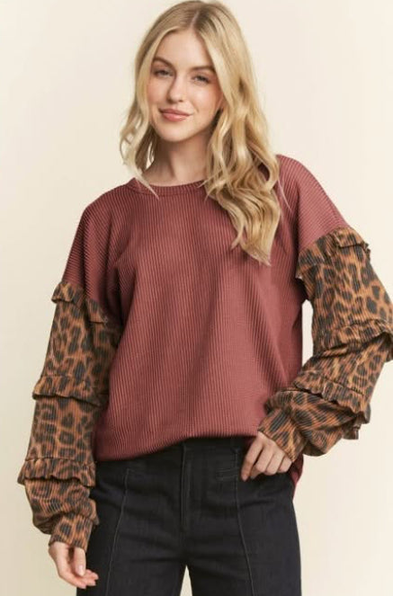 Ruffle Sleeve Leopard Top-Burgundy