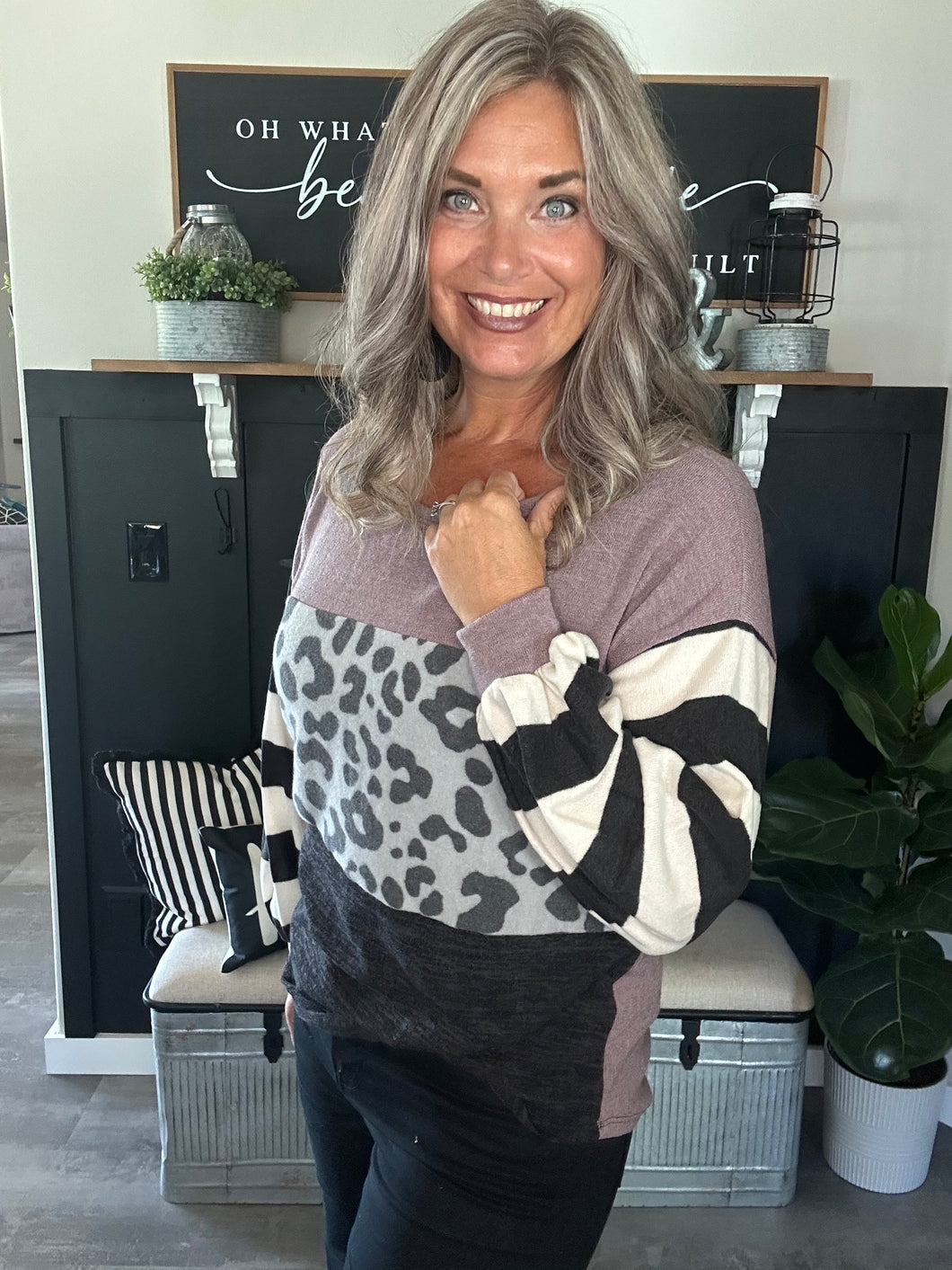 Stripes and Color Block Top-Gray