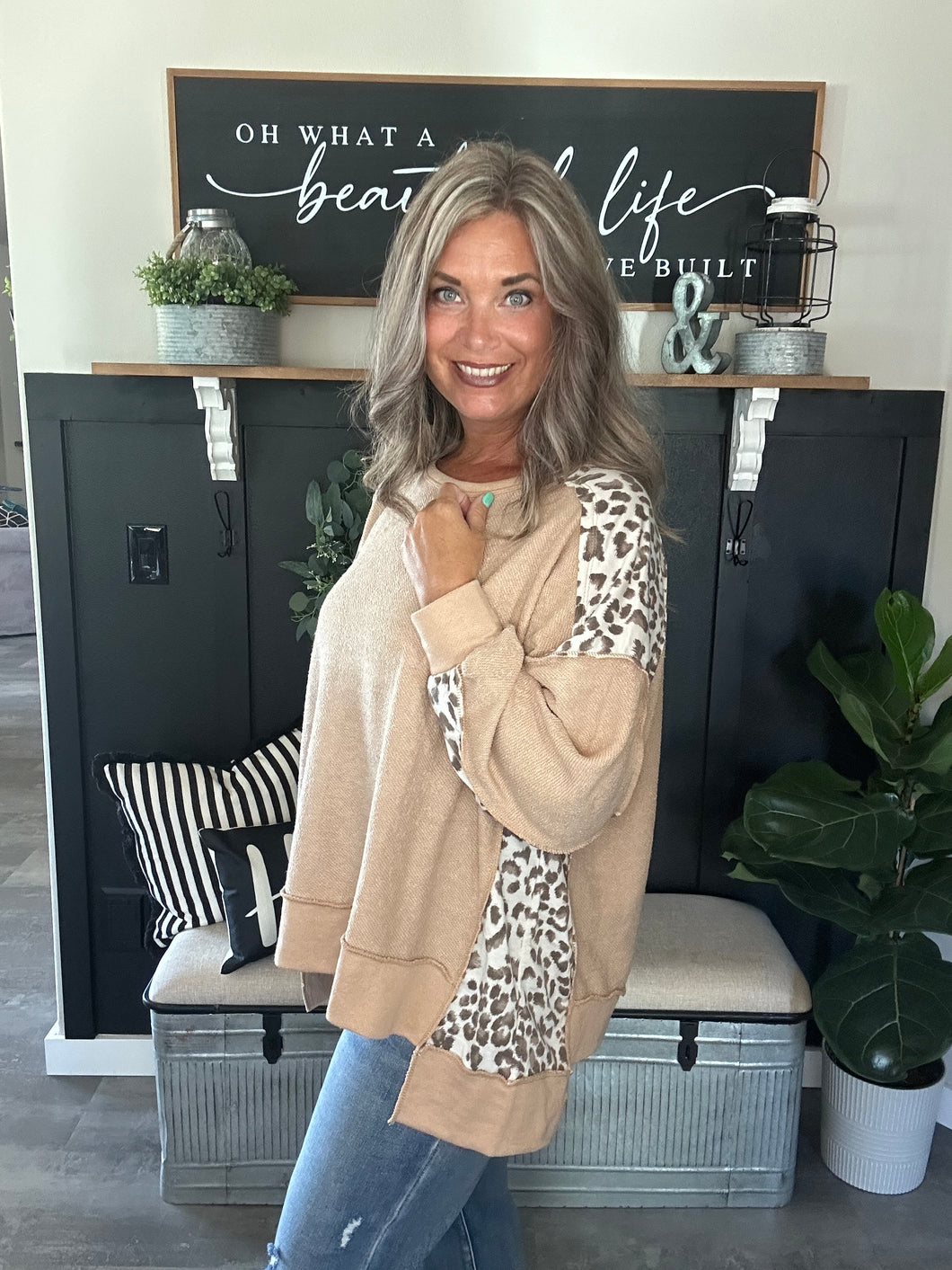 Uneven Hem Color Block Top-Taupe