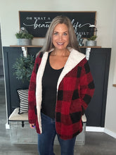 Load image into Gallery viewer, Checker Fleece Jacket with Hood &amp; Side Pockets – Black &amp; Red
