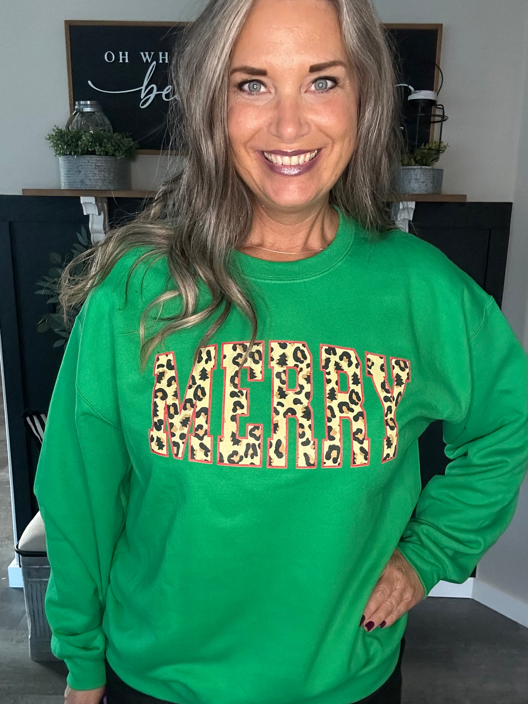 Leopard Merry Crewneck-Kelly Green