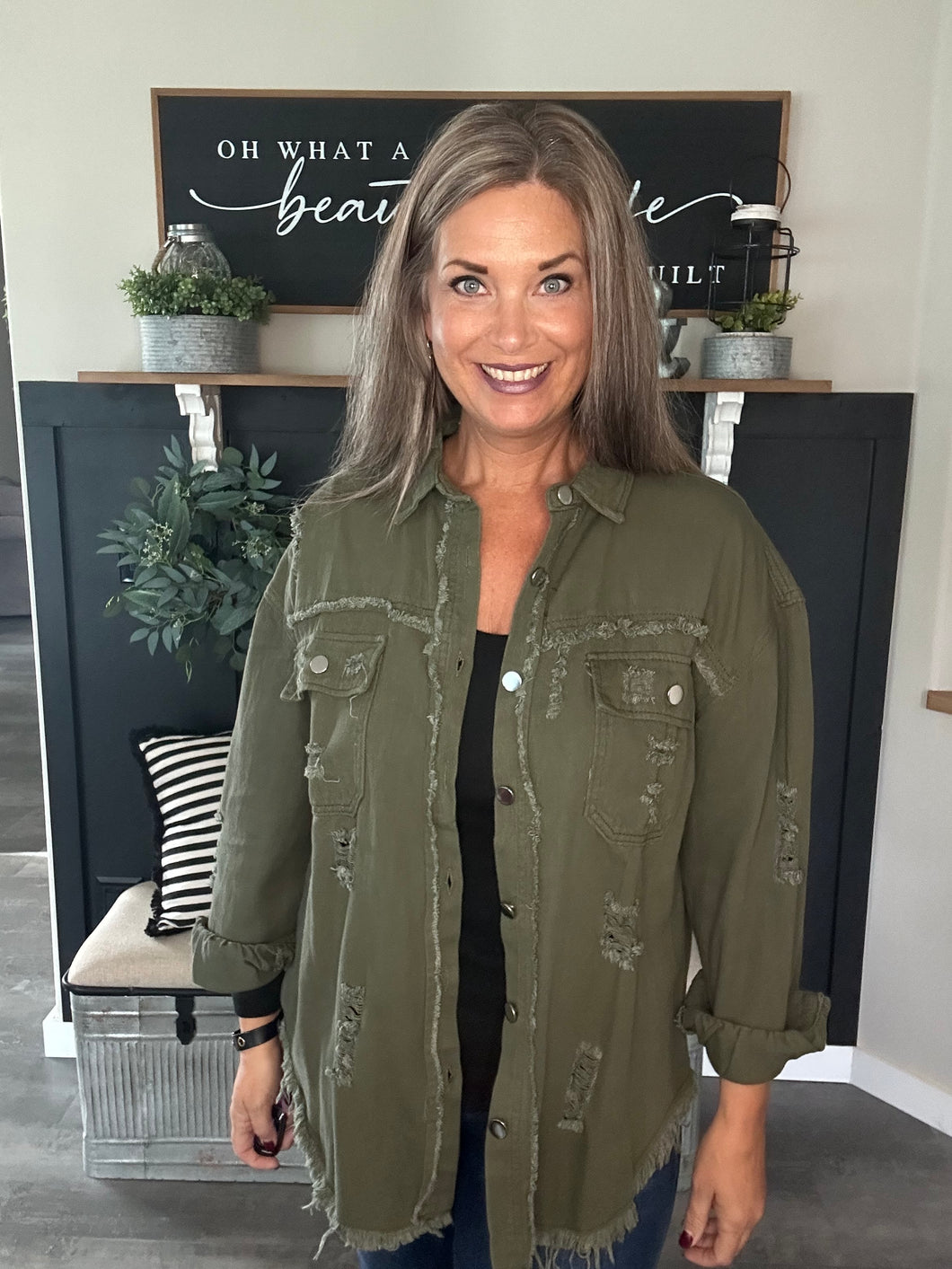 Olive Green Distressed Shacket – Women’s Button-Up Frayed Hem Shirt Jacket