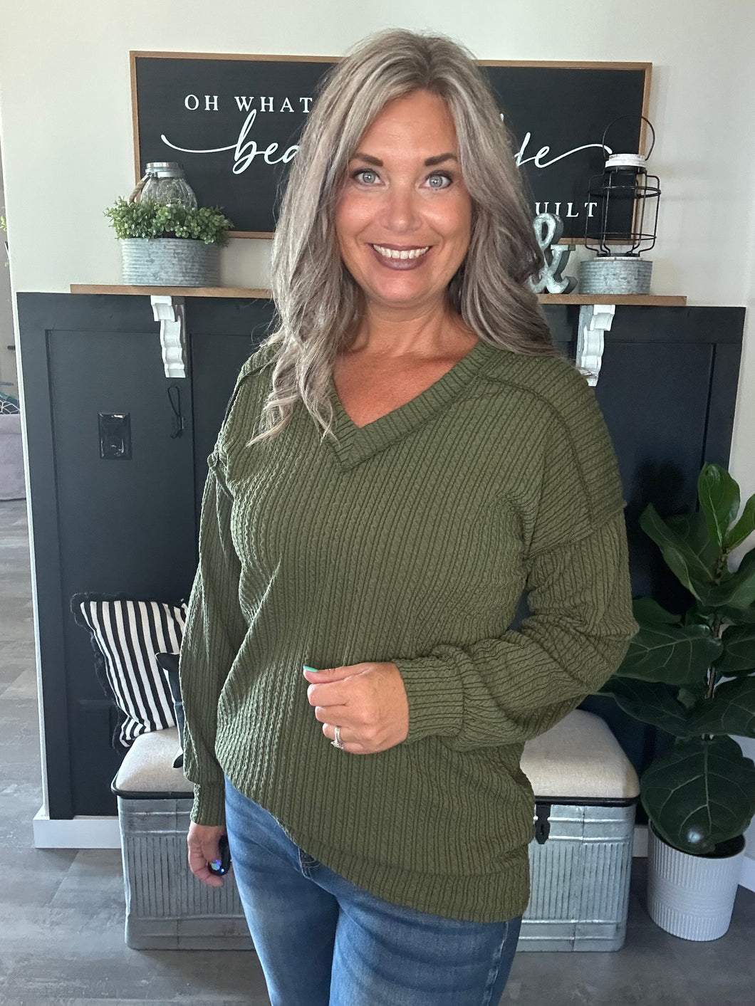 Puff Sleeve Rib Top-Olive