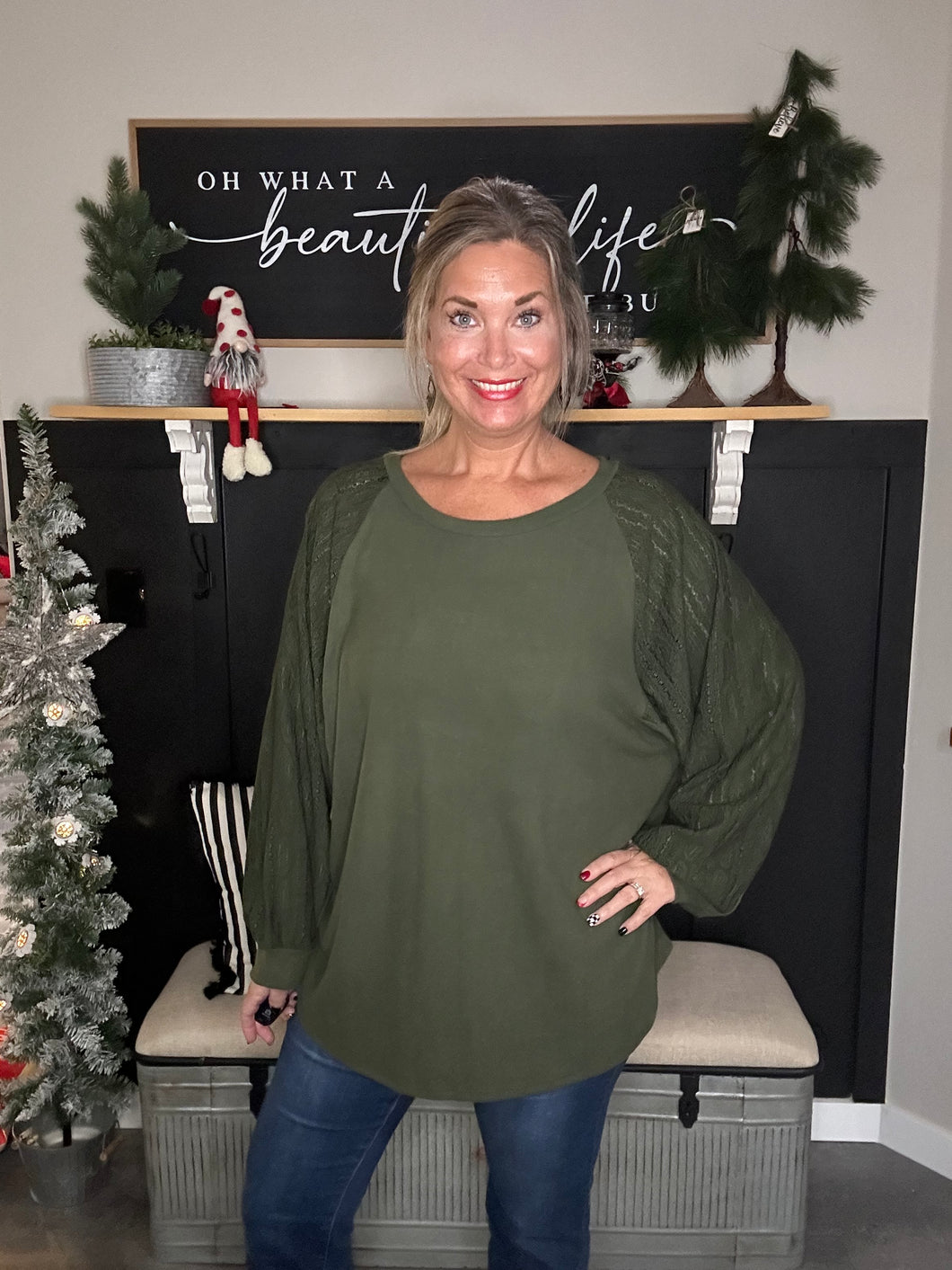 Olive Lace Contrast Sleeve-Curvy