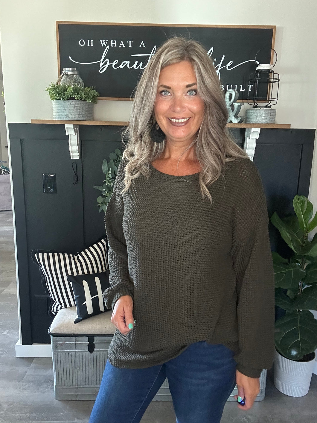 Curvy Popcorn Waffle Knit Top-Dark Olive Green