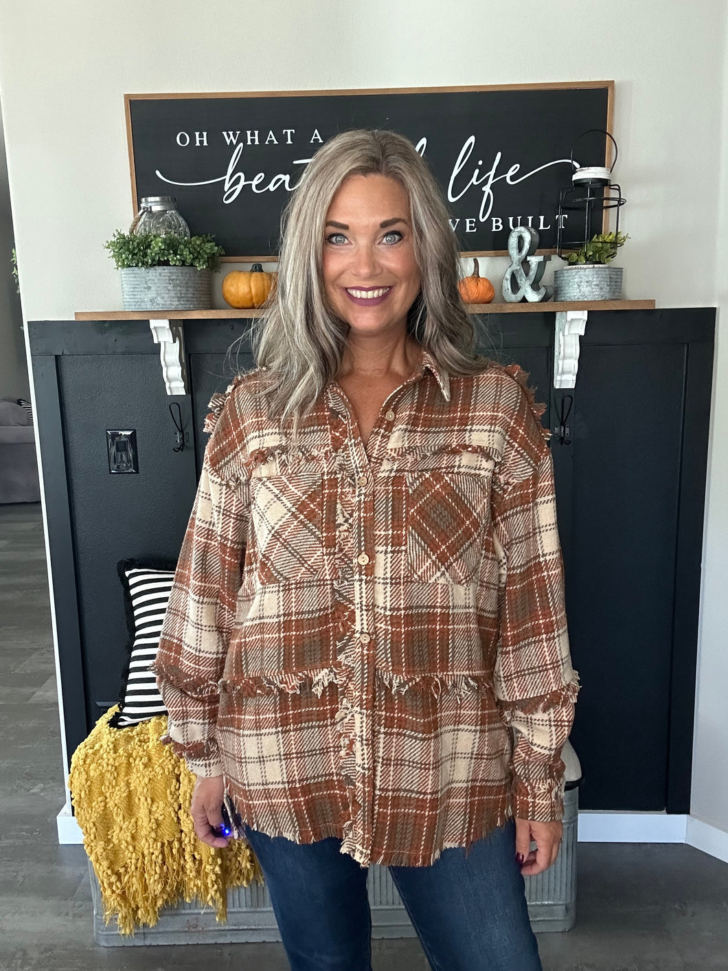 Frayed Edge Shacket-Rust