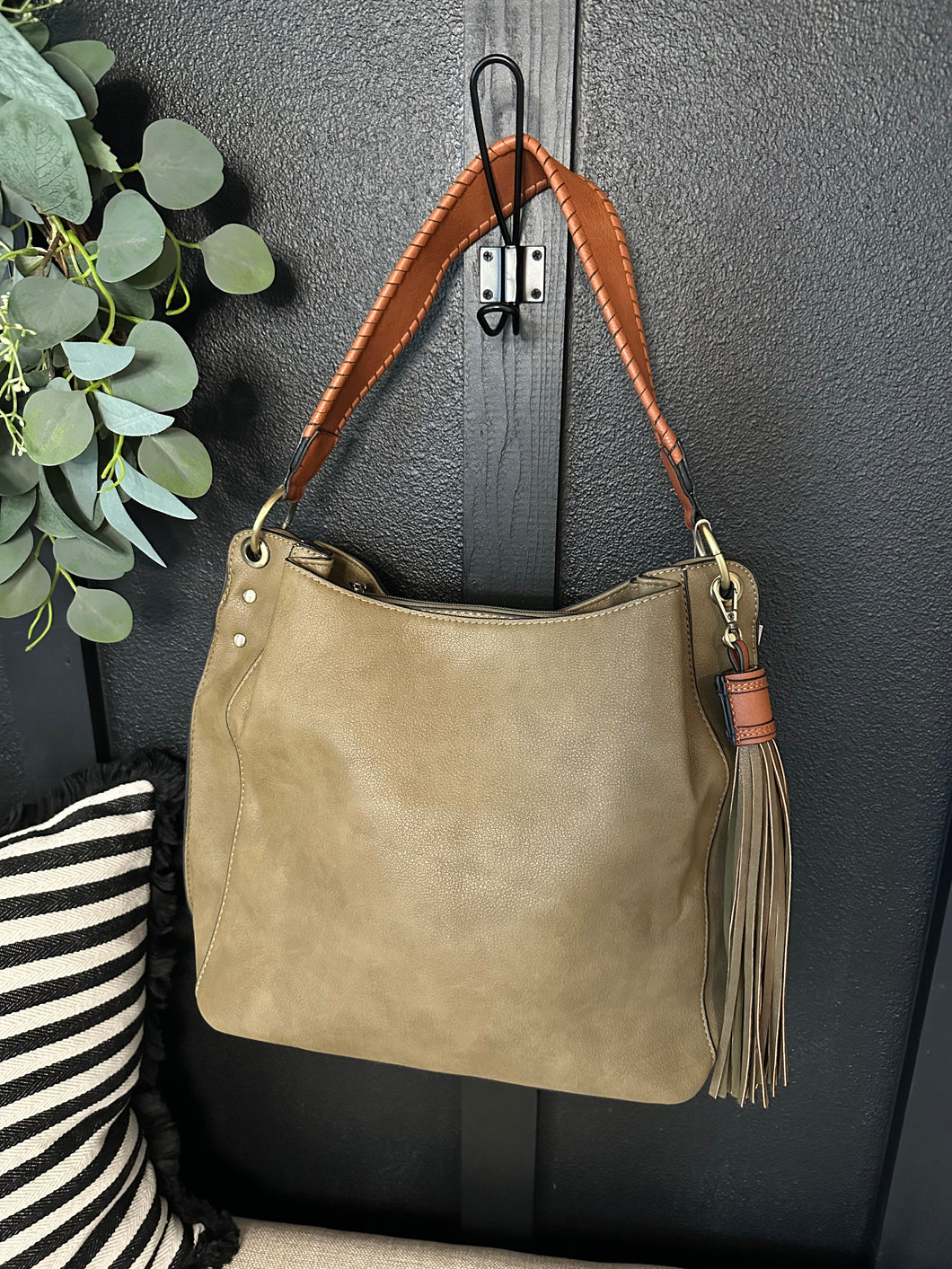 Tassel Hobo Bag-Olive