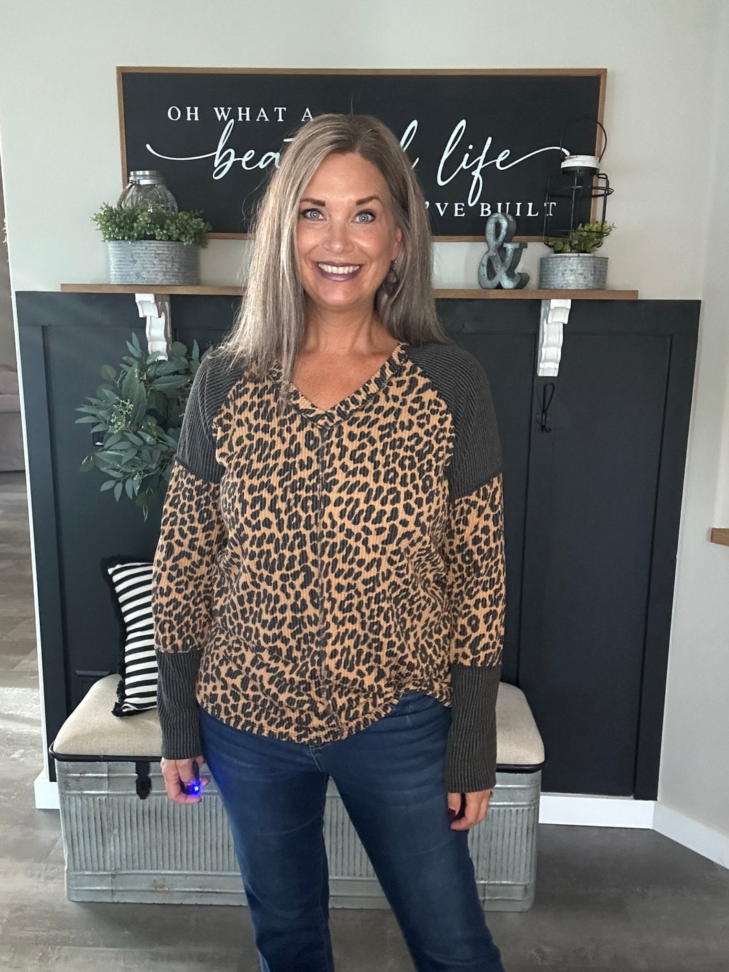 Contrast Urban Animal Print Top-Camel