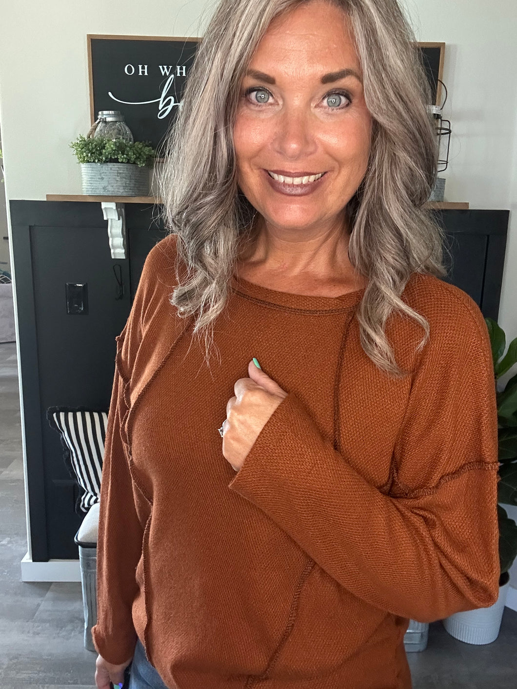 Cashmere Contrast Stitch Top-Rust