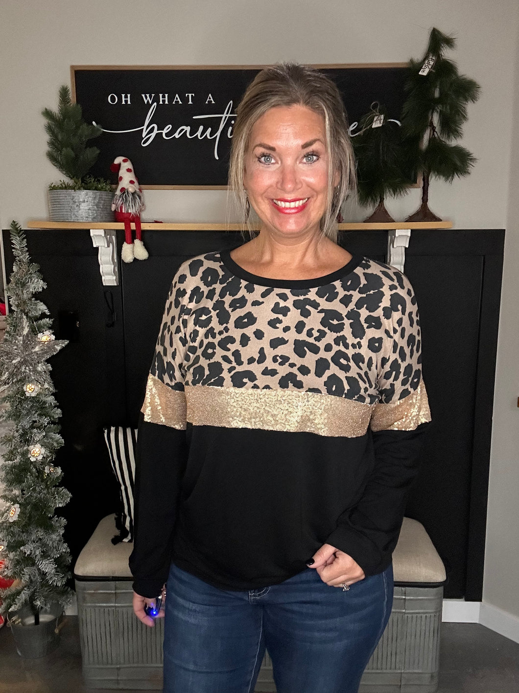 Sequin Leopard Color Block Top