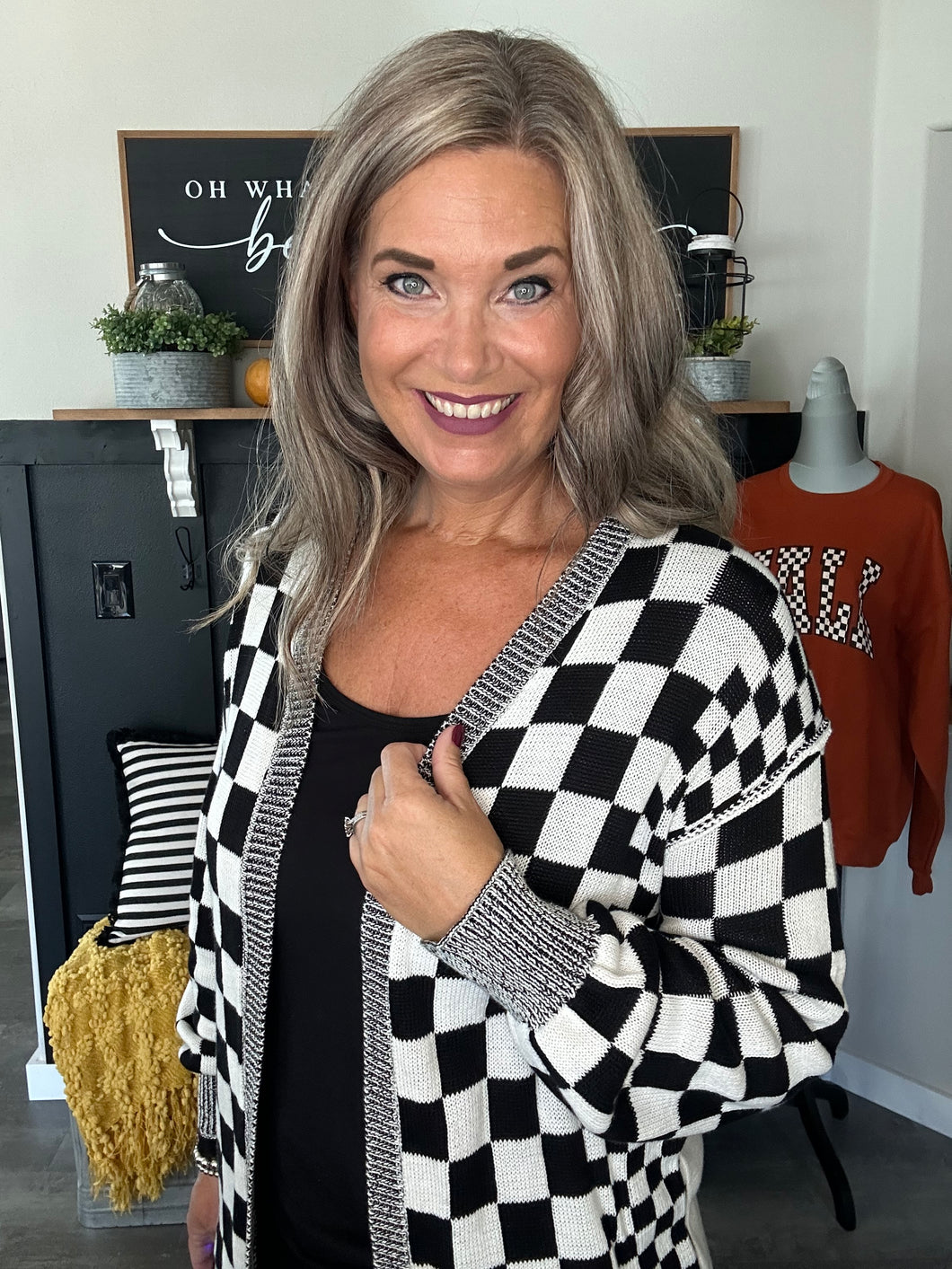 Checkered Open-Front Cardigan – Black & White Checkerboard Sweater