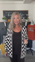 Load and play video in Gallery viewer, Checkered Open-Front Cardigan – Black &amp; White Checkerboard Sweater
