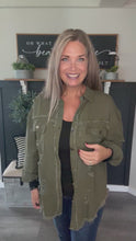 Load and play video in Gallery viewer, Olive Green Distressed Shacket – Women’s Button-Up Frayed Hem Shirt Jacket
