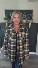 Load and play video in Gallery viewer, Black &amp; Gray Fleece Sherpa Shacket – Cozy Women’s Oversized Shirt Jacket
