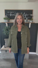 Load and play video in Gallery viewer, Olive Green Distressed Shacket – Women’s Button-Up Frayed Hem Shirt Jacket

