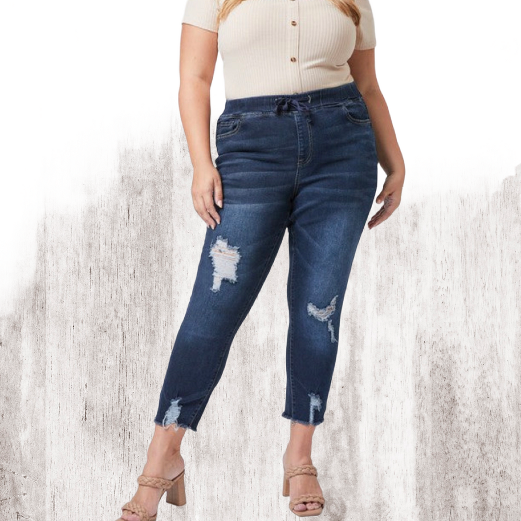 High-Rise Denim Ankle Joggers-Curvy
